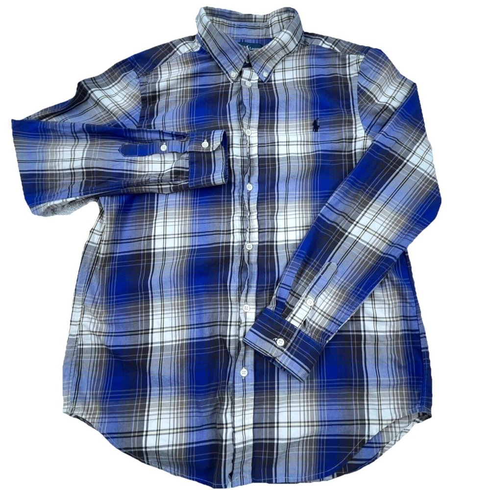 Ralph Lauren Shirt Boys XL Blue Button Up Tartan Plaid Dress Youth Kids  Multi *
